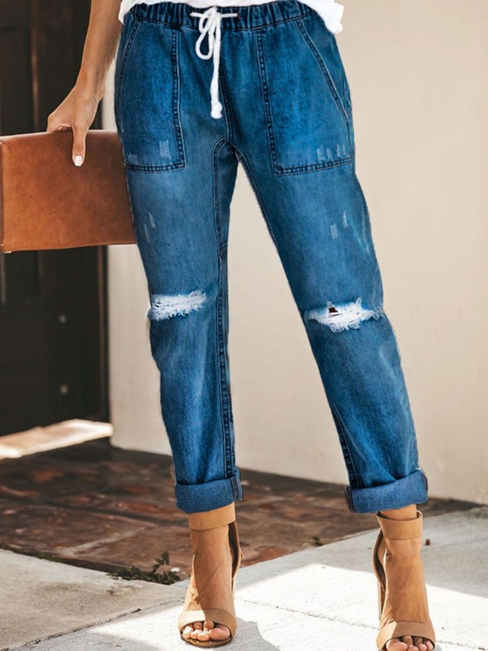 Effen Elastische Jeans Met Veters