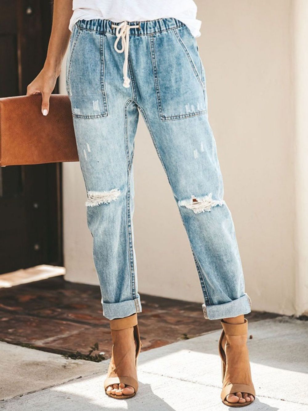 Effen Elastische Jeans Met Veters