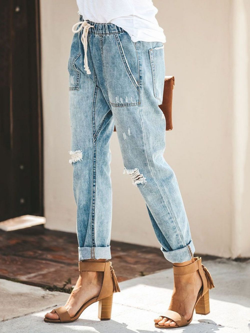 Effen Elastische Jeans Met Veters