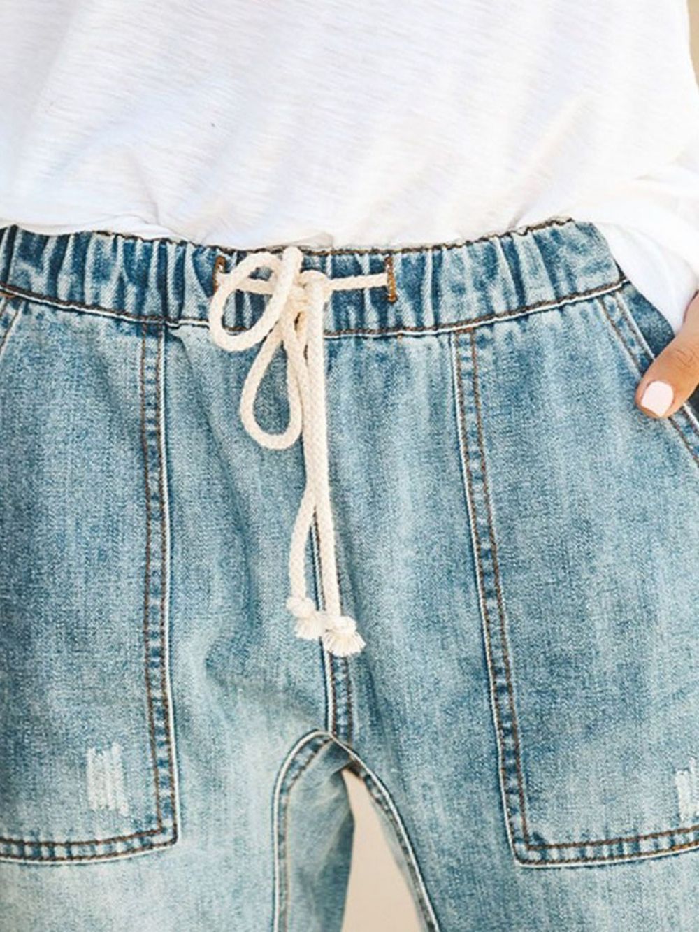 Effen Elastische Jeans Met Veters