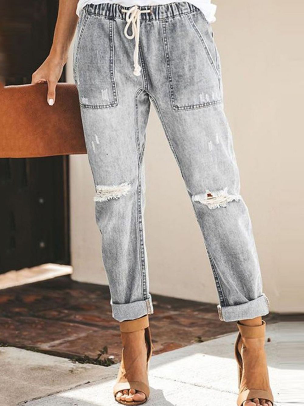 Effen Elastische Jeans Met Veters