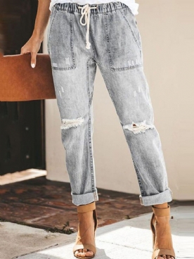 Effen Elastische Jeans Met Veters