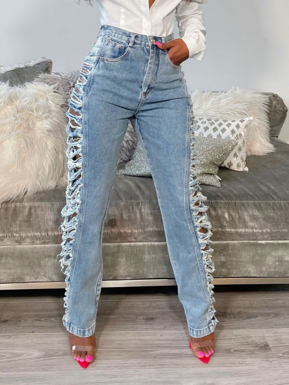 Effen Jeans Met Hoge Taille En Rits Met Rechte Knopen