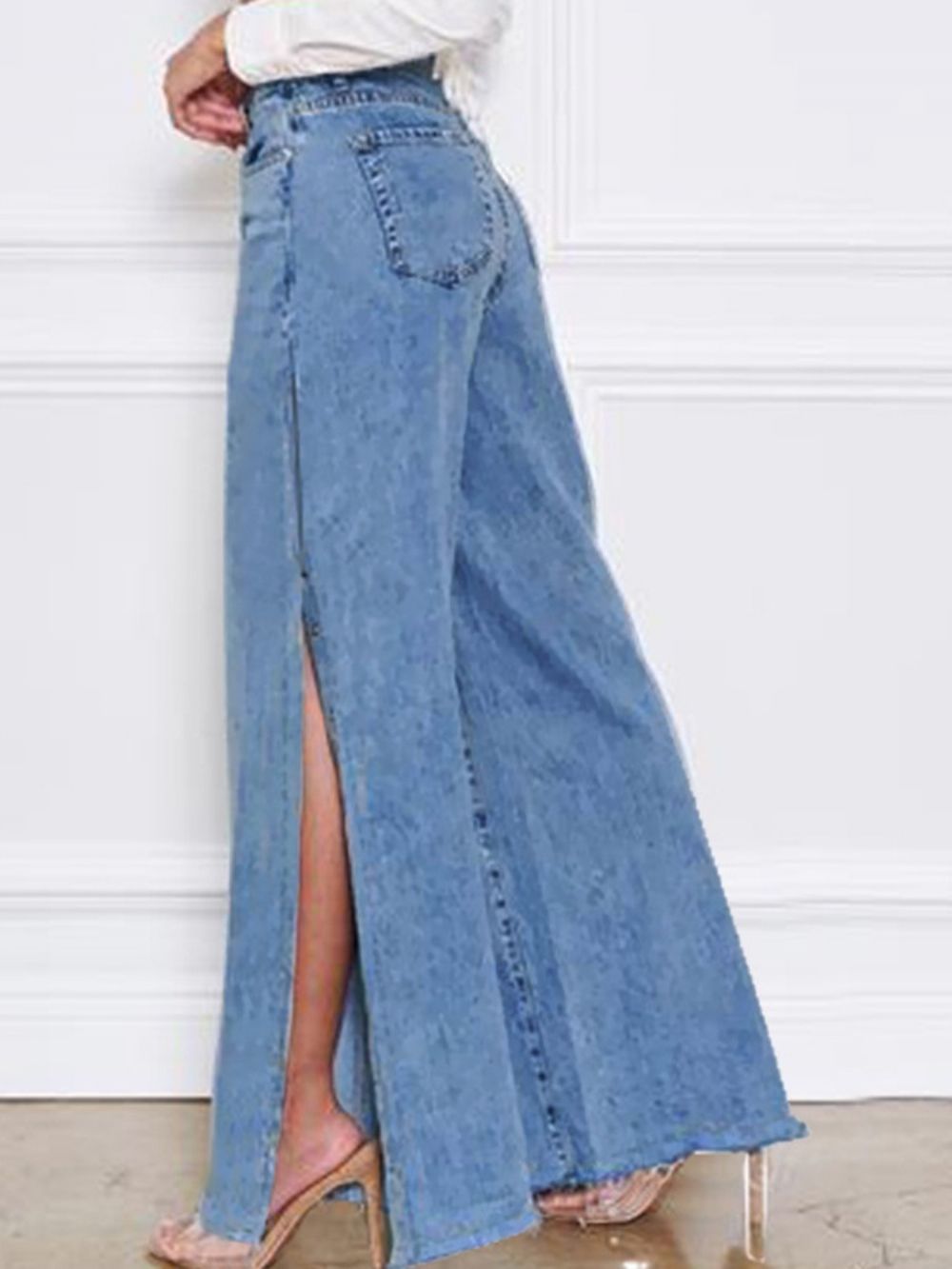 Effen Rechte Split-Losse Damesjeans Met Middelhoge Taille