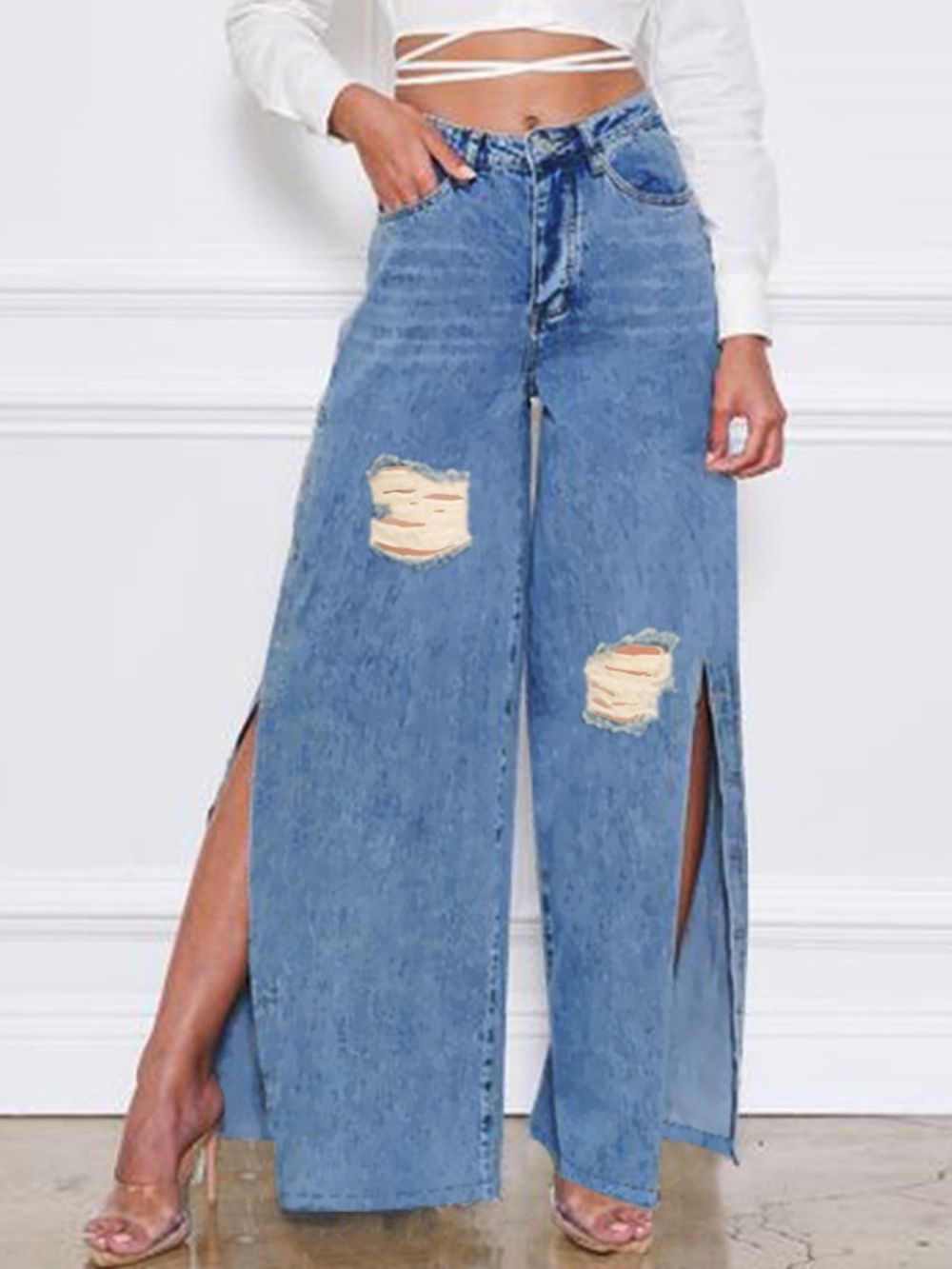 Effen Rechte Split-Losse Damesjeans Met Middelhoge Taille