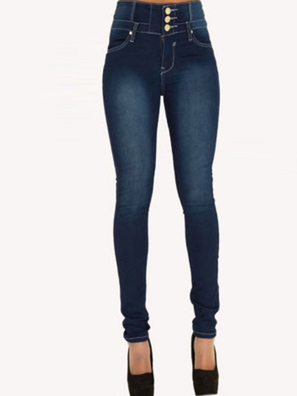 Effen Skinny Damesjeans Met Hoge Taille En Knopen