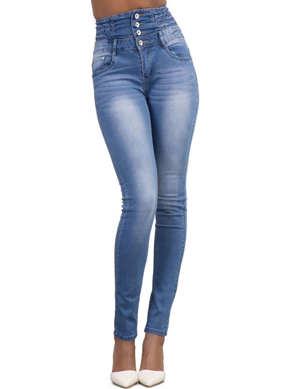 Effen Skinny Damesjeans Met Hoge Taille En Knopen