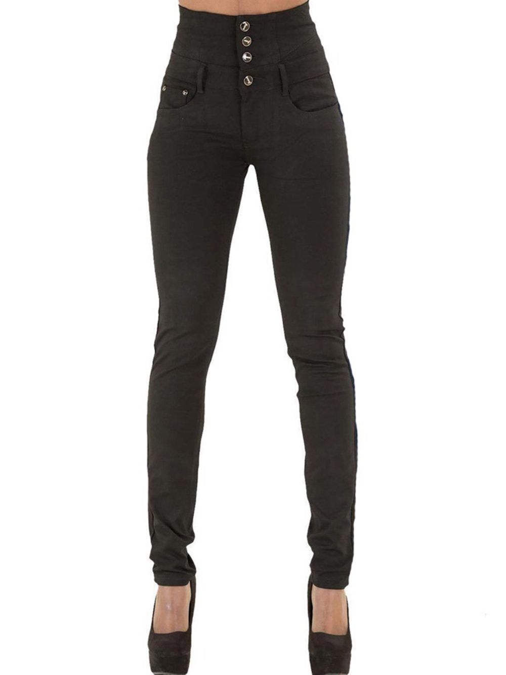 Effen Skinny Damesjeans Met Hoge Taille En Knopen