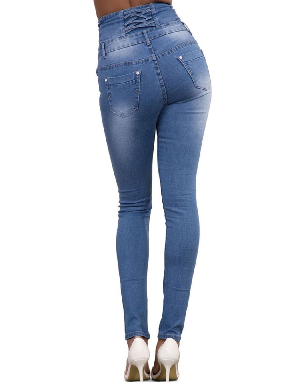 Effen Skinny Damesjeans Met Hoge Taille En Knopen