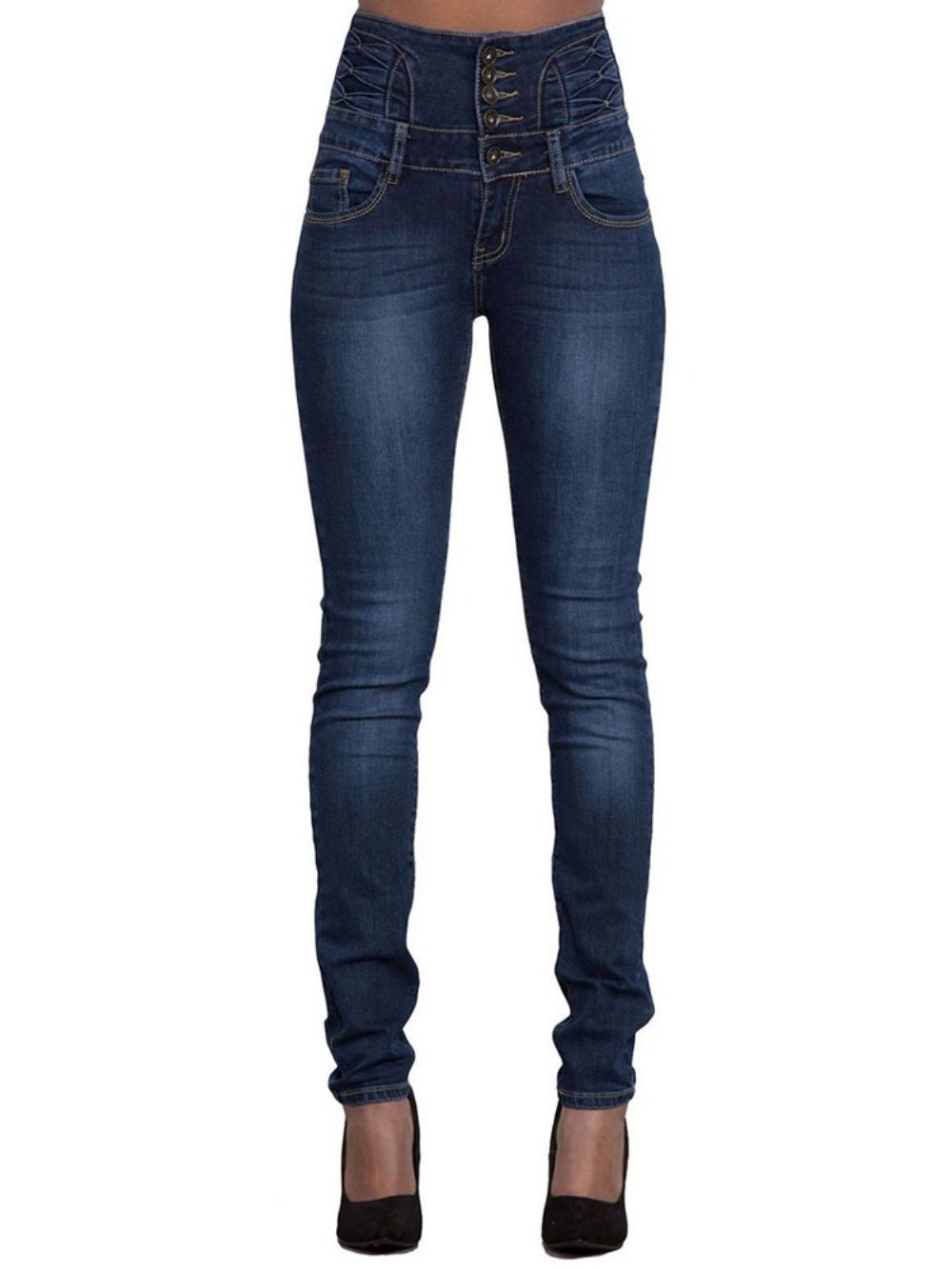 Effen Skinny Damesjeans Met Hoge Taille En Knopen