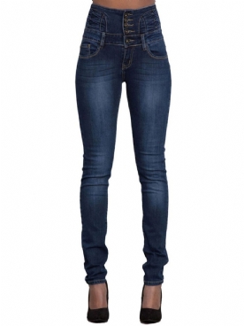 Effen Skinny Damesjeans Met Hoge Taille En Knopen