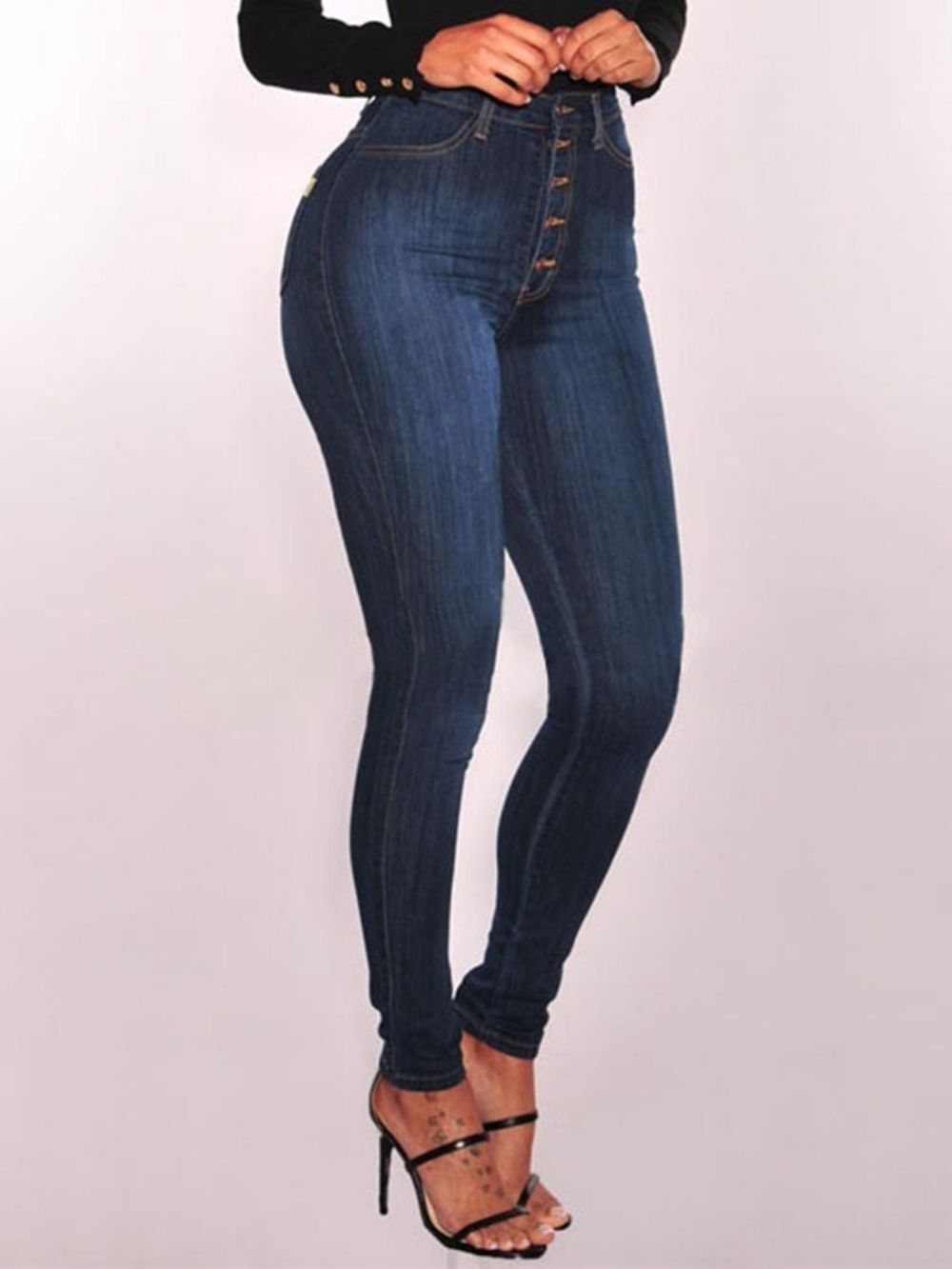 Effen Skinny Jeans Met Hoge Taille En Knopen