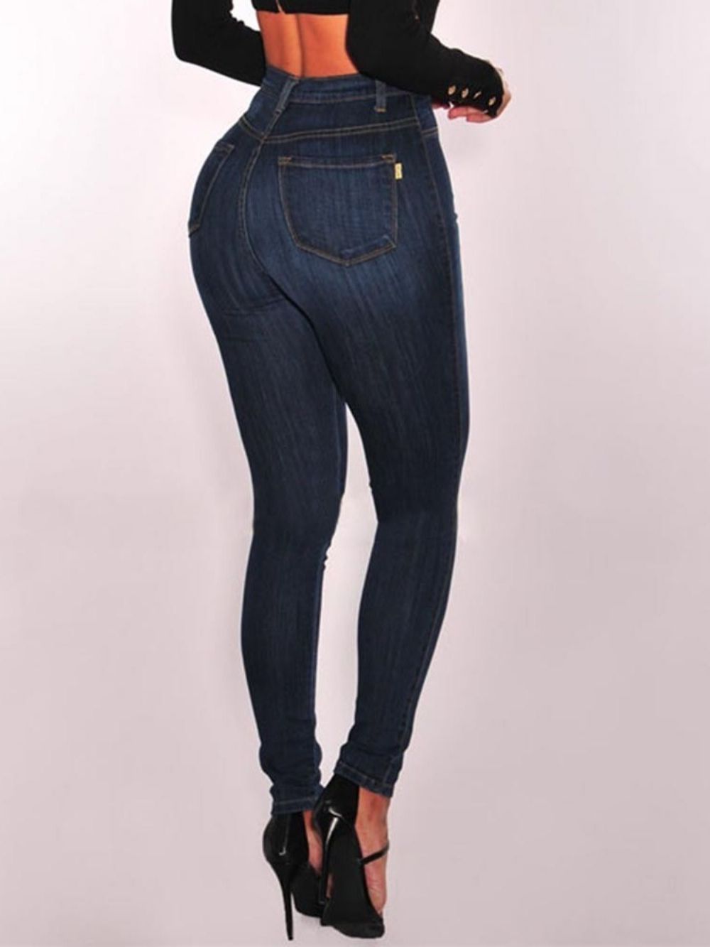 Effen Skinny Jeans Met Hoge Taille En Knopen