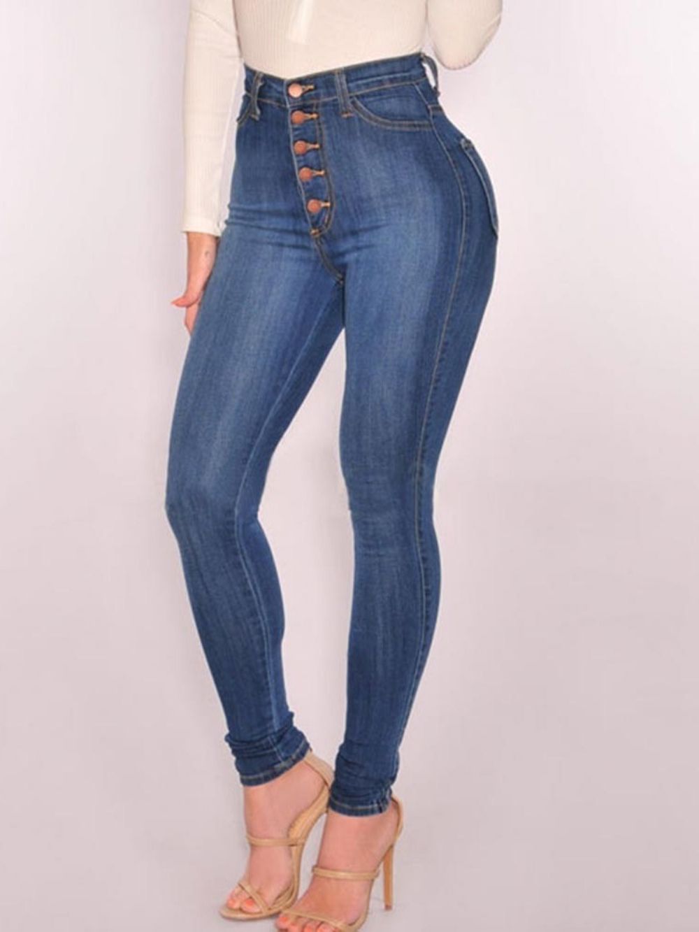 Effen Skinny Jeans Met Hoge Taille En Knopen