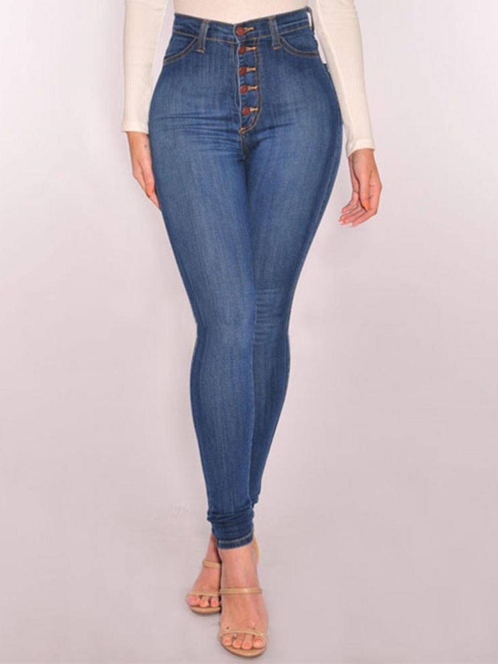 Effen Skinny Jeans Met Hoge Taille En Knopen