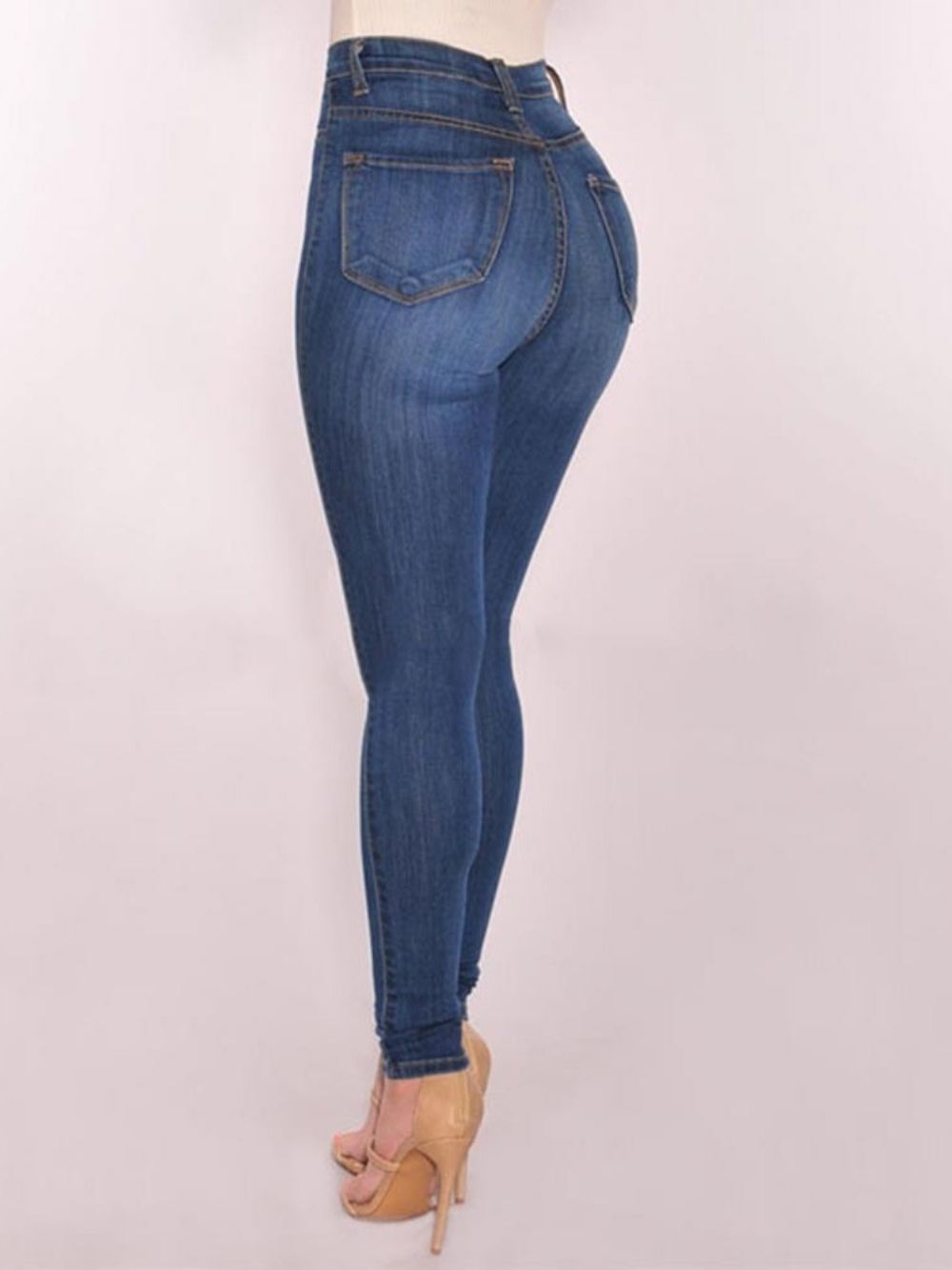 Effen Skinny Jeans Met Hoge Taille En Knopen