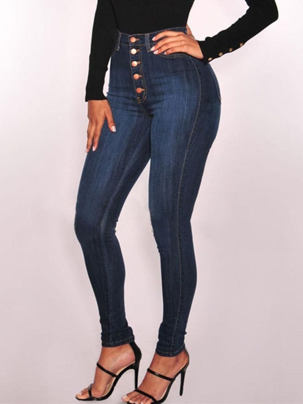 Effen Skinny Jeans Met Hoge Taille En Knopen