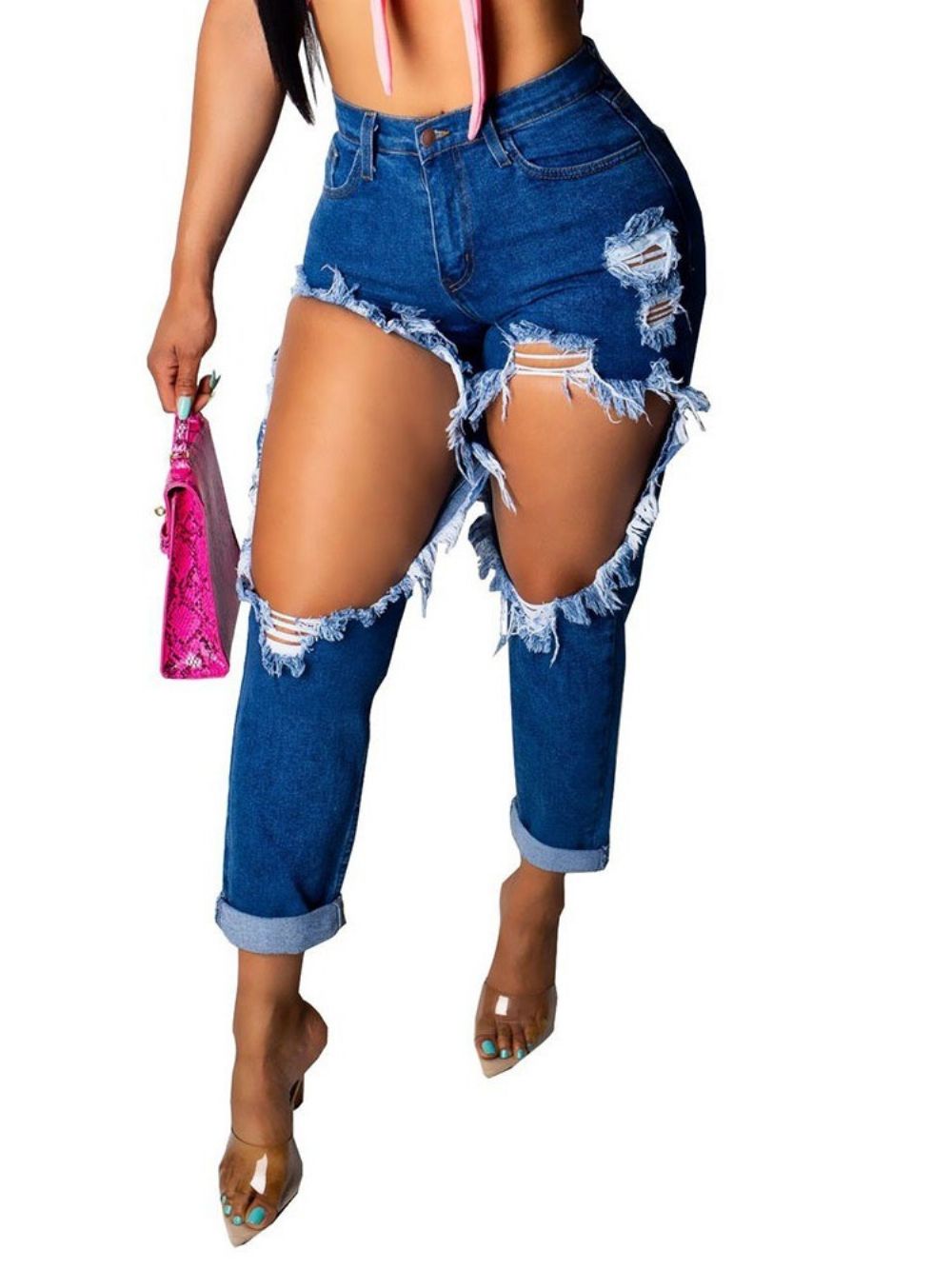 Effen Zak Sexy Slanke Gescheurde Jeans Met Rits