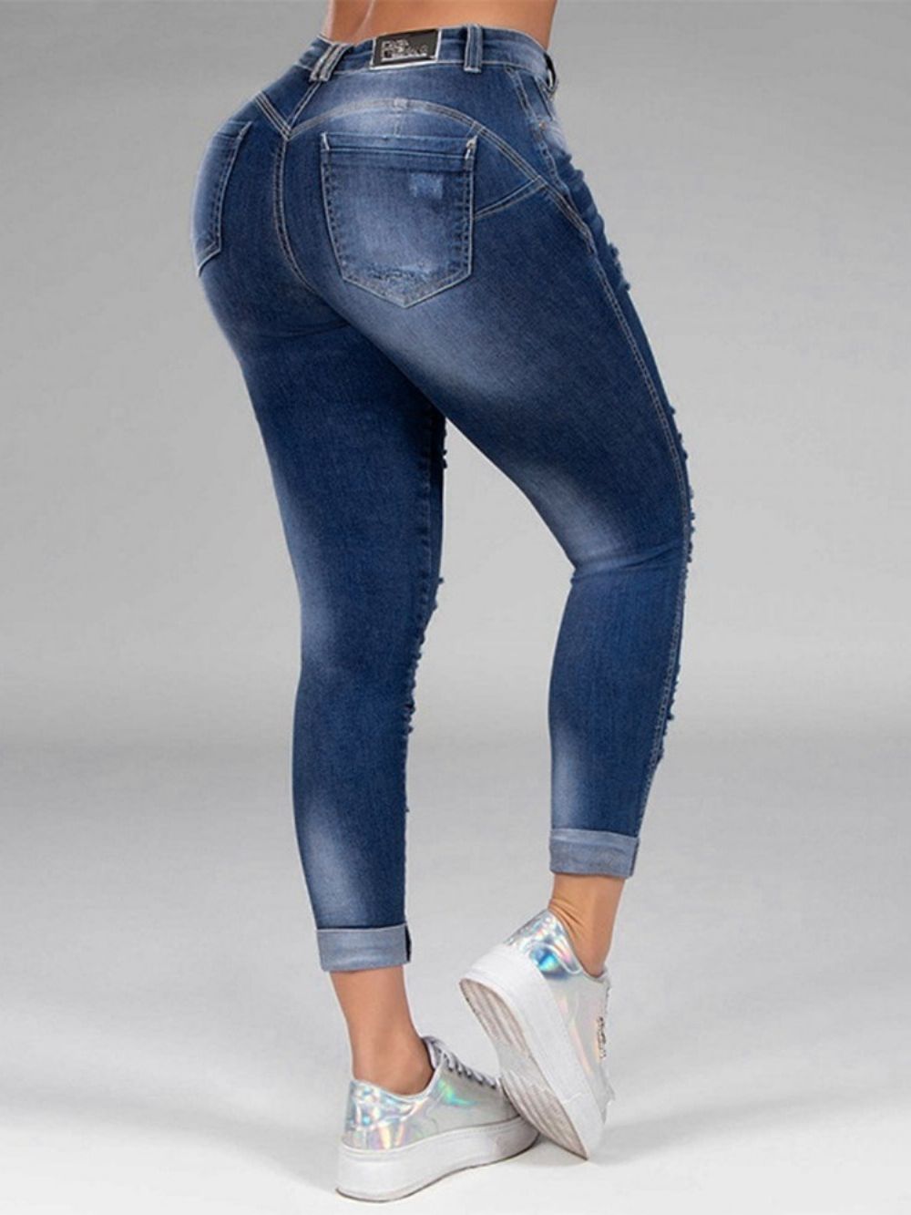 Gat Rechte Effen Rits Midden Taille Damesjeans