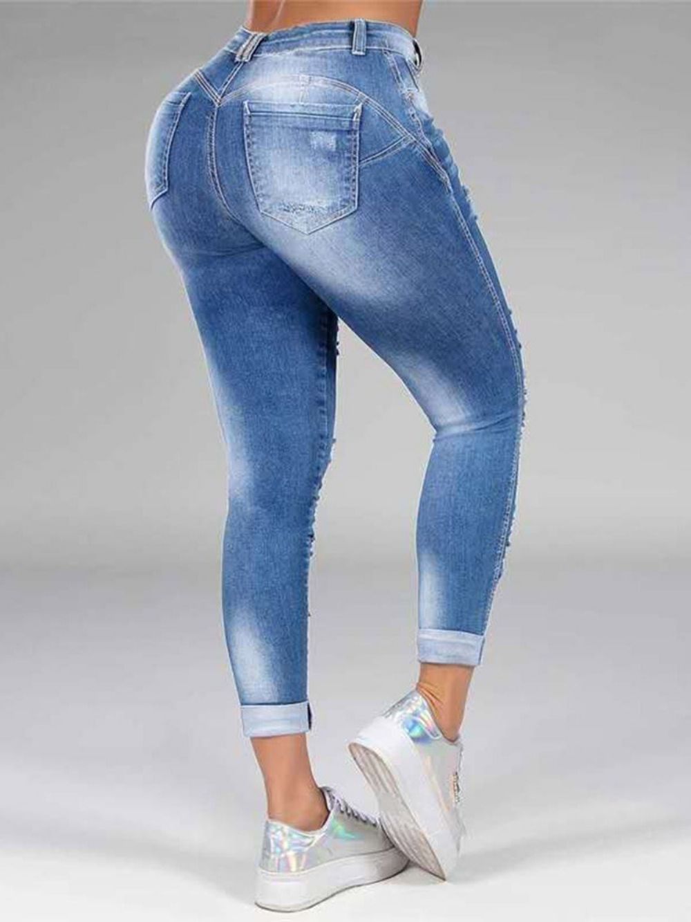 Gat Rechte Effen Rits Midden Taille Damesjeans