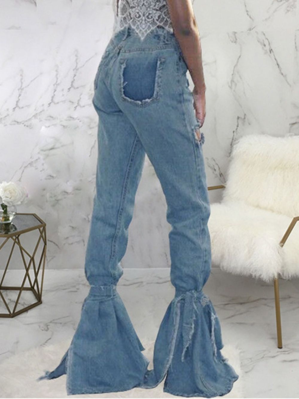 Gaten Effen Bellbottoms Slim Hoge Taille Jeans