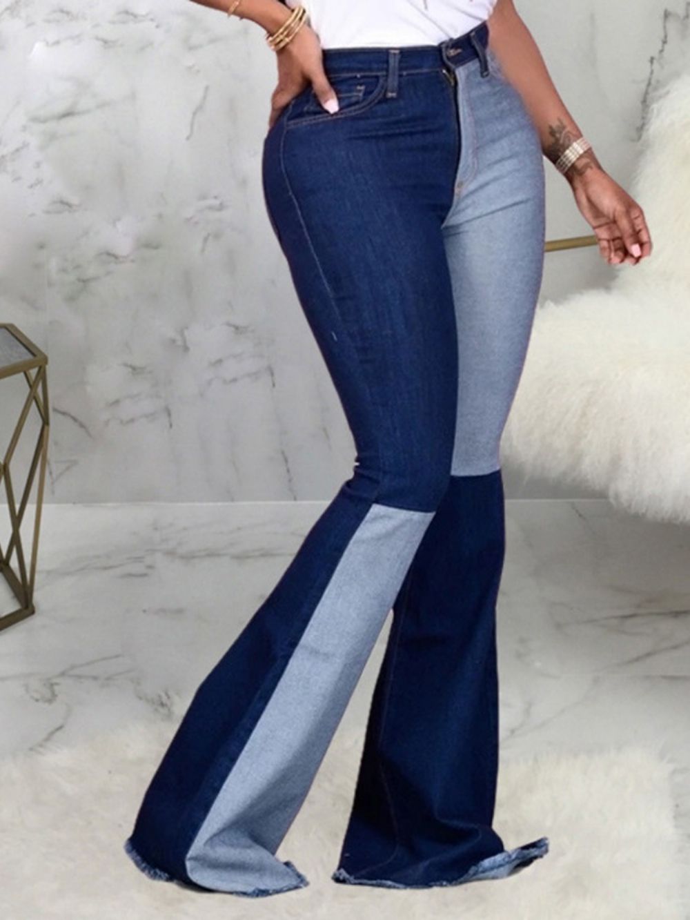 Plus maat Zak Kleurblok Bellbottoms Slim Jeans Met Rits