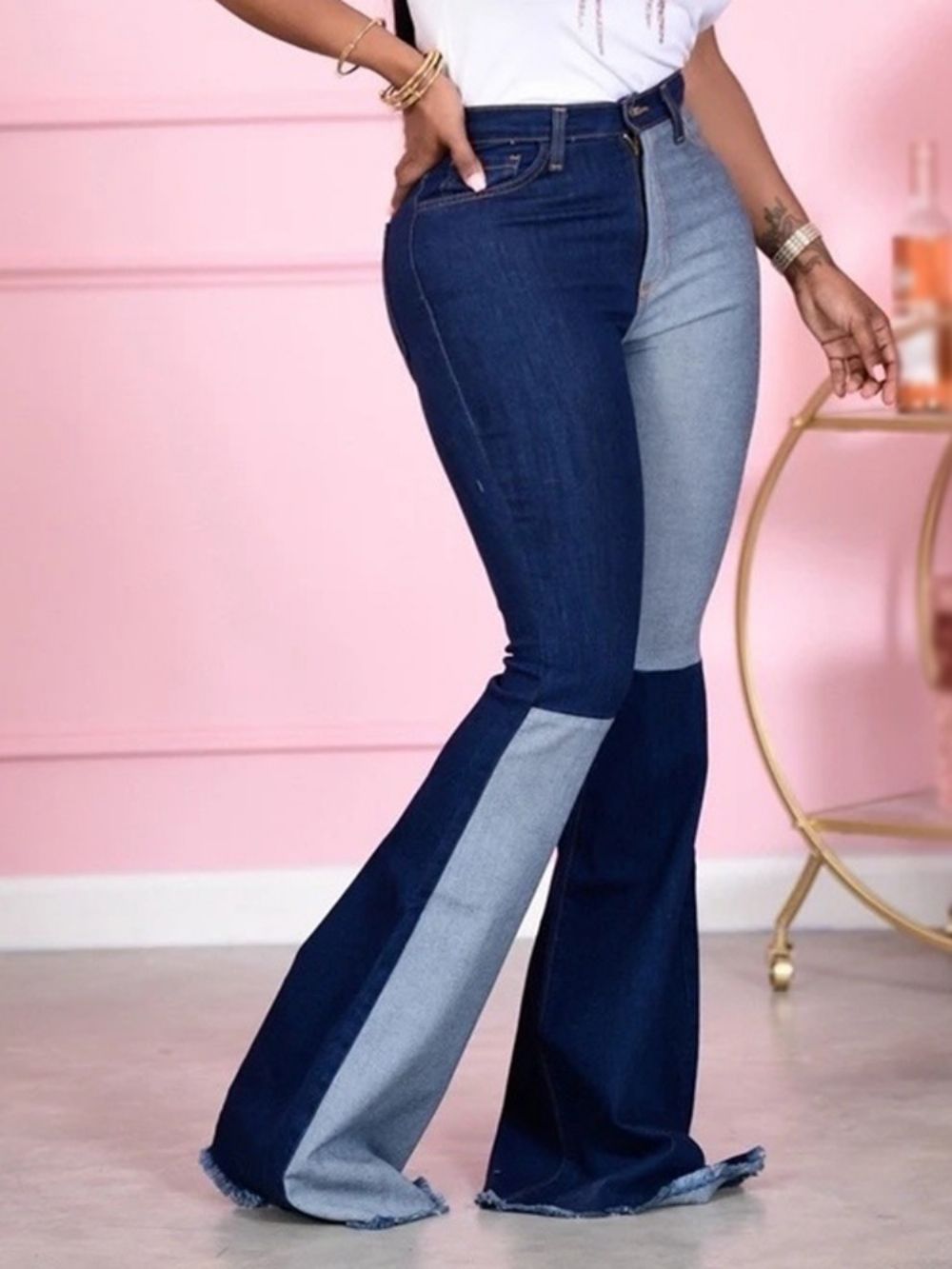 Plus maat Zak Kleurblok Bellbottoms Slim Jeans Met Rits