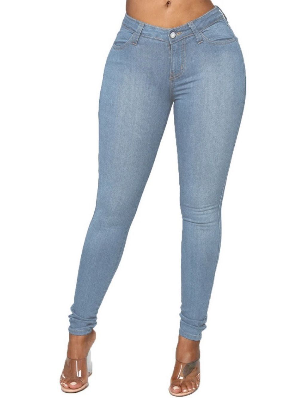 Potloodbroek Effen Effen Damesjeans Met Smalle Taille En Middelhoge Taille