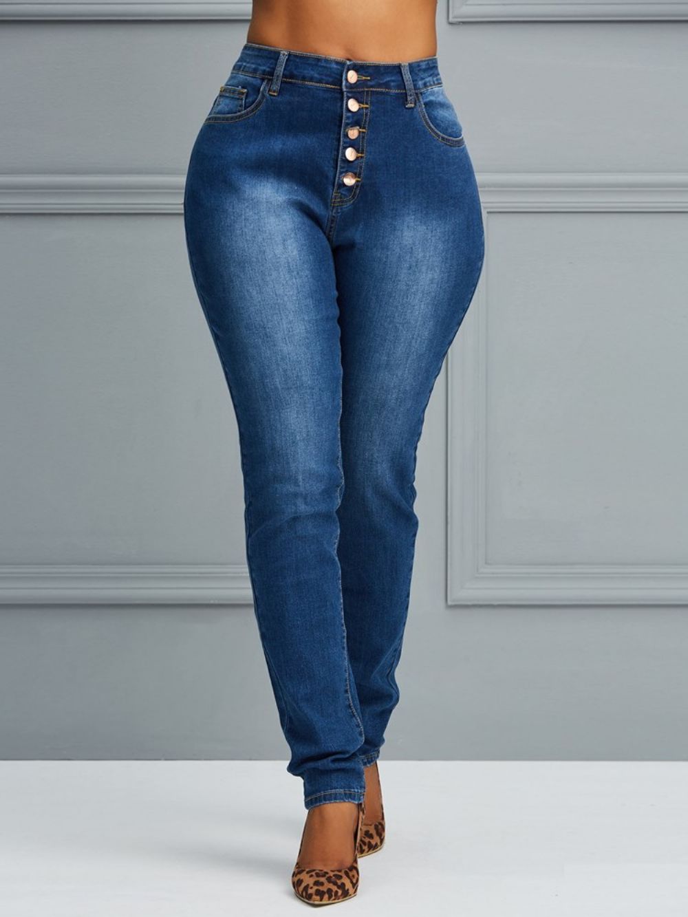 Skinny Effen Damesjeans Met Knopen