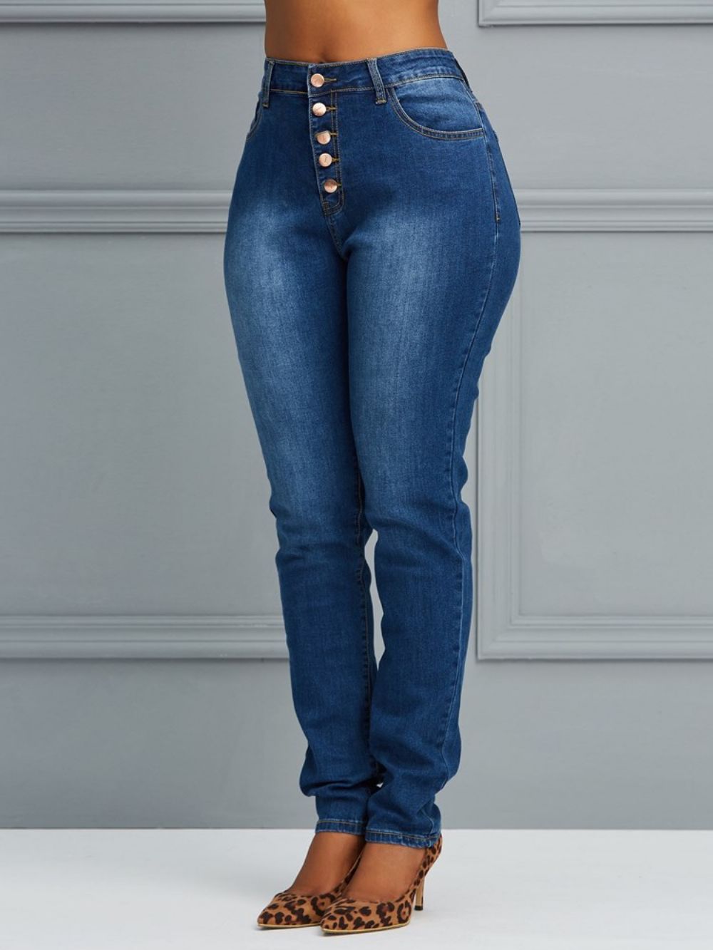 Skinny Effen Damesjeans Met Knopen