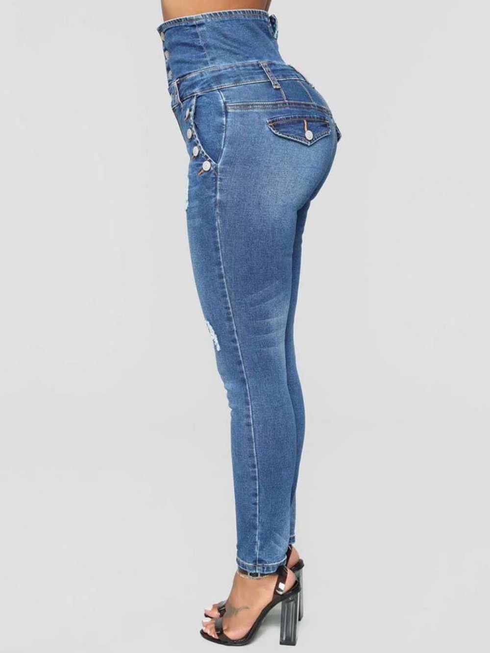 Smalle Damesjeans Met Hoge Taille En Knopen