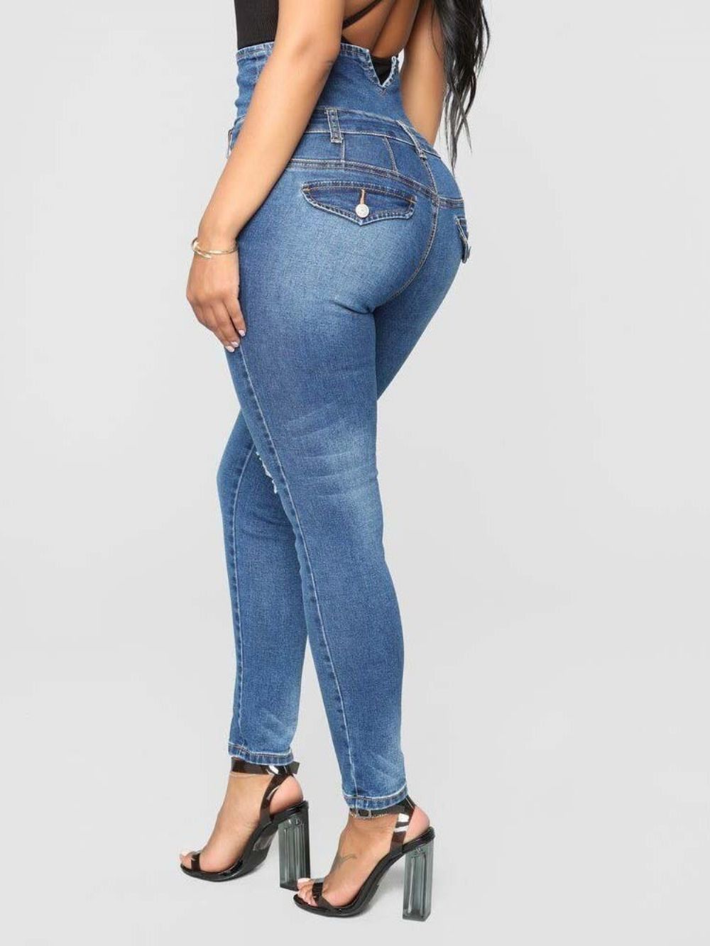 Smalle Damesjeans Met Hoge Taille En Knopen