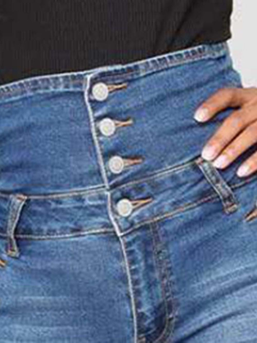 Smalle Damesjeans Met Hoge Taille En Knopen