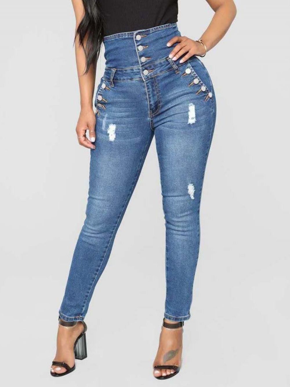 Smalle Damesjeans Met Hoge Taille En Knopen