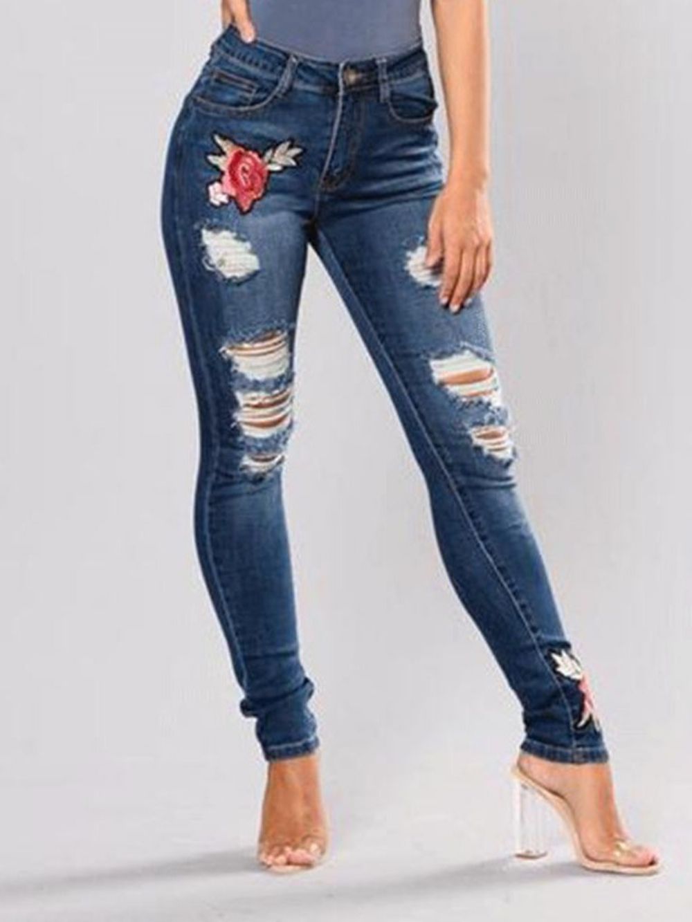 Smalle Halfhoge Jeans Met Geborduurde Bloemen En Scheuren