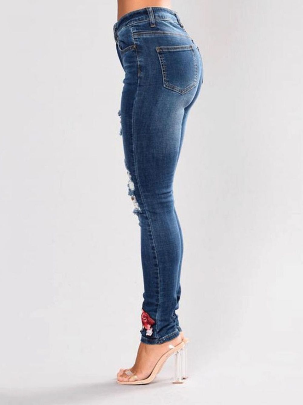 Smalle Halfhoge Jeans Met Geborduurde Bloemen En Scheuren