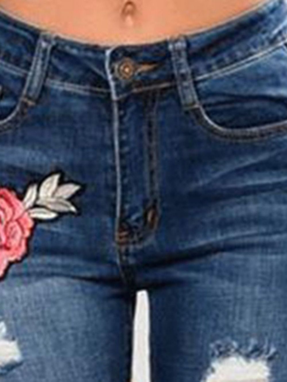 Smalle Halfhoge Jeans Met Geborduurde Bloemen En Scheuren