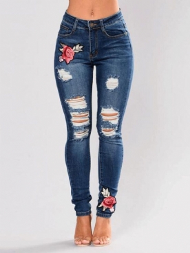 Smalle Halfhoge Jeans Met Geborduurde Bloemen En Scheuren