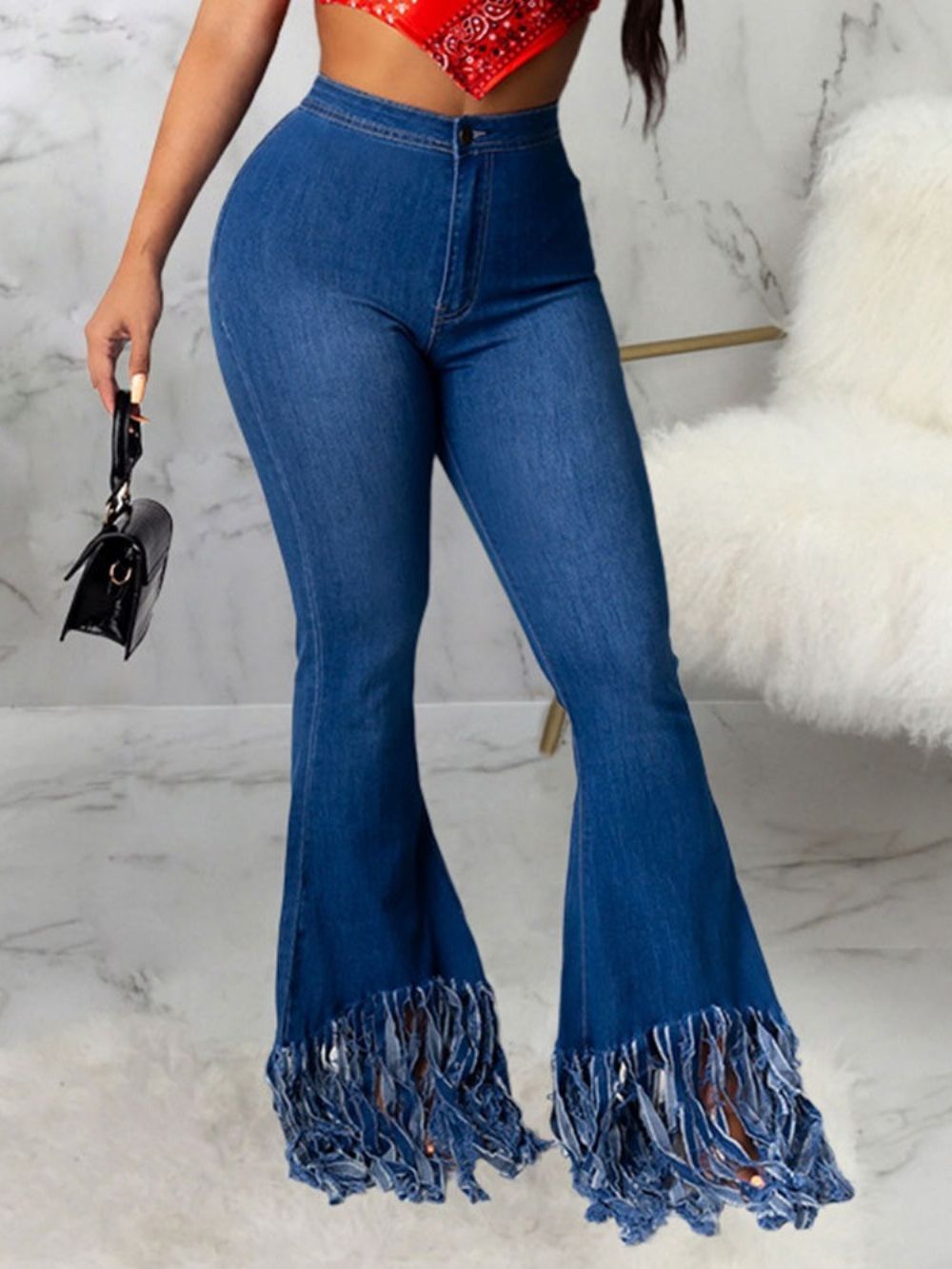 Smalle Jeans Met Kwastjes Bellbottoms En Effen Rits