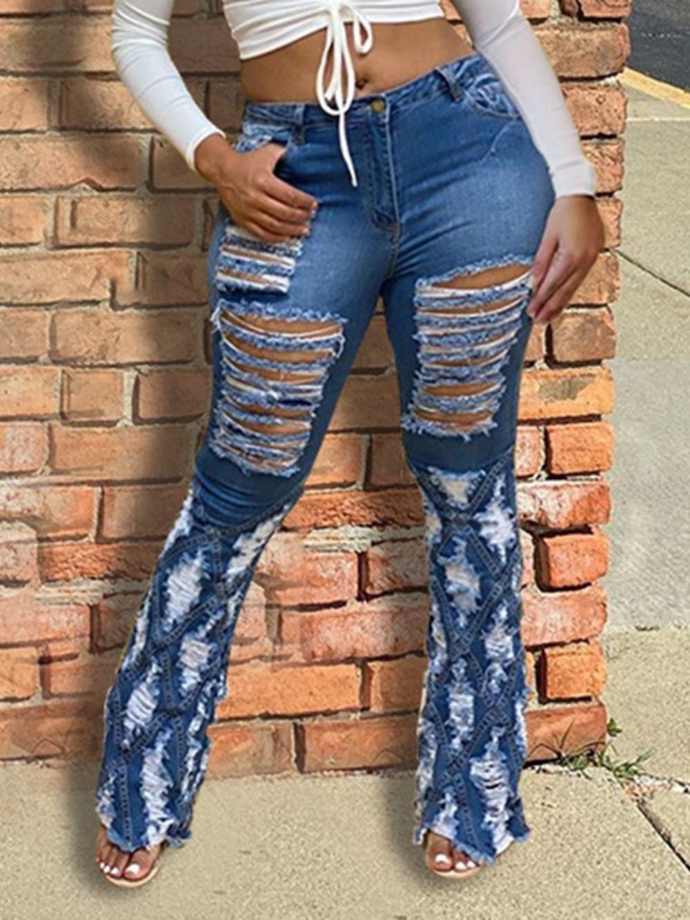 Wasbare Bellbottoms Effen Zipper Mid Waist Jeans