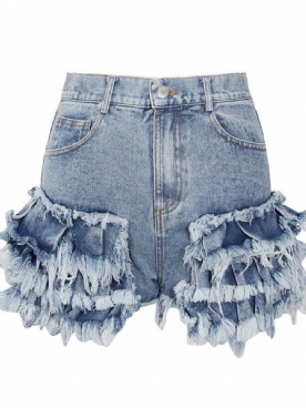 Smalle Damesdenimshort Met Kwastjes En Smalle Rits