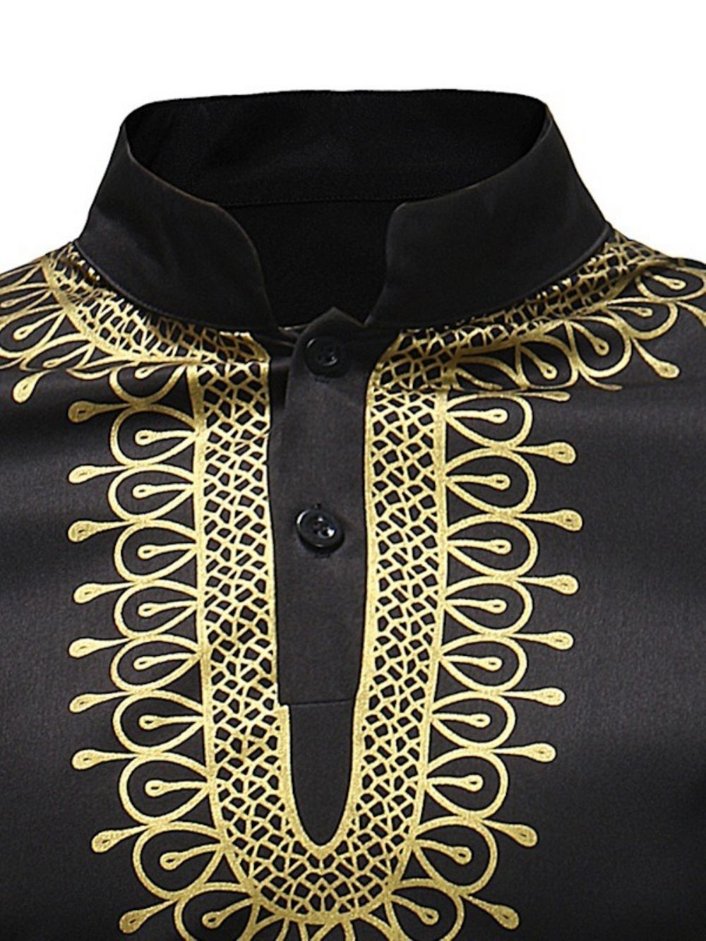 Afrikaanse Mode Gouden Zwarte Dashiki Print Opstaande Kraag Herenoverhemden