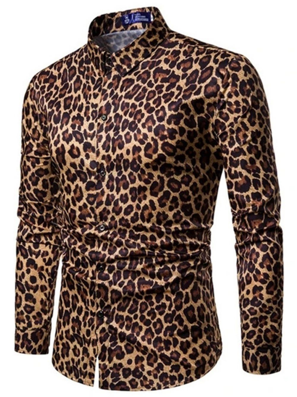 Casual Slim-Shirt Heren Met Revers En Luipaardprint