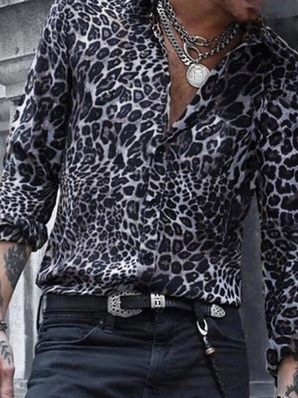 Casual Slim-Shirt Heren Met Revers En Luipaardprint