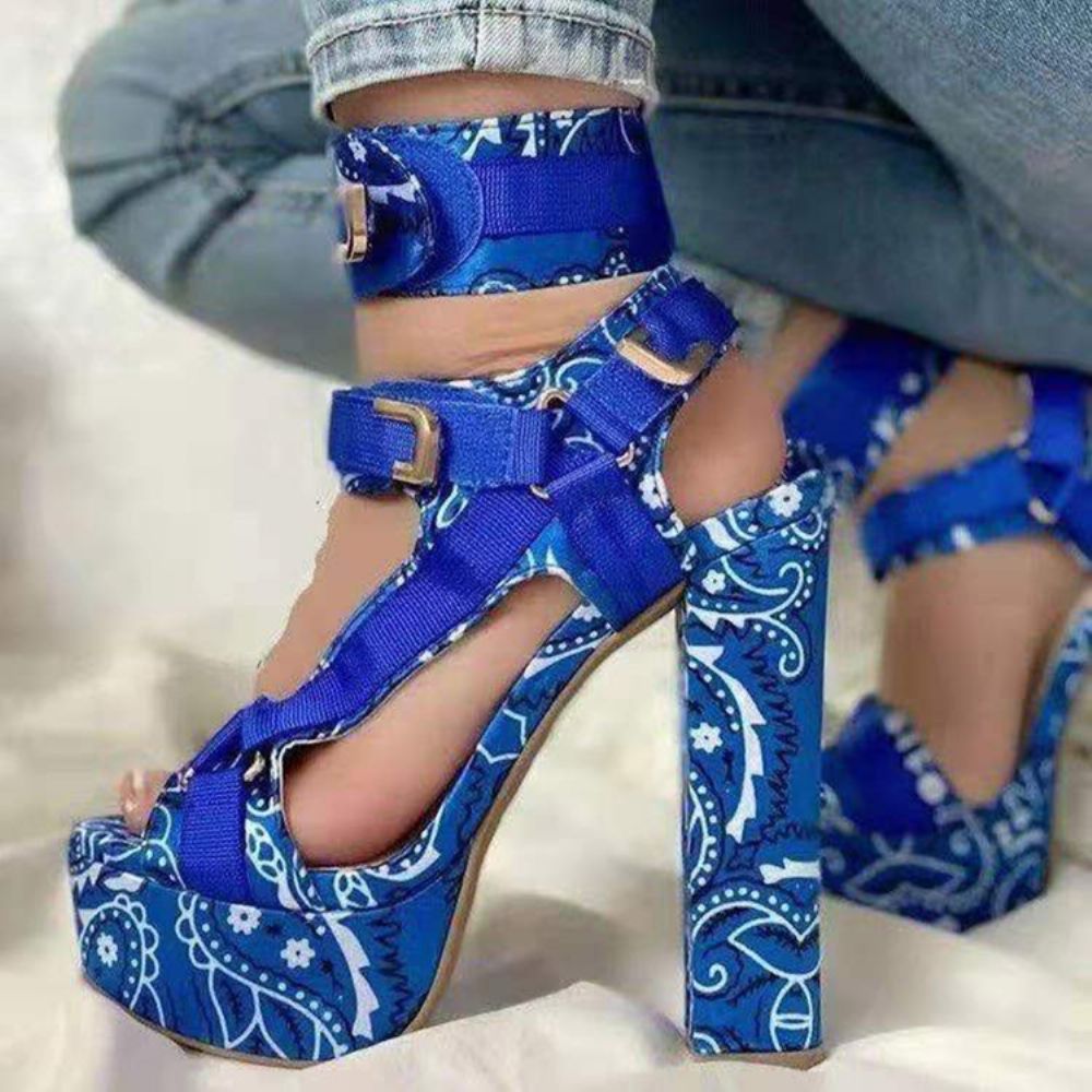 Chunky Heel Peep Toe Sandalen Met Velcro Print Dames