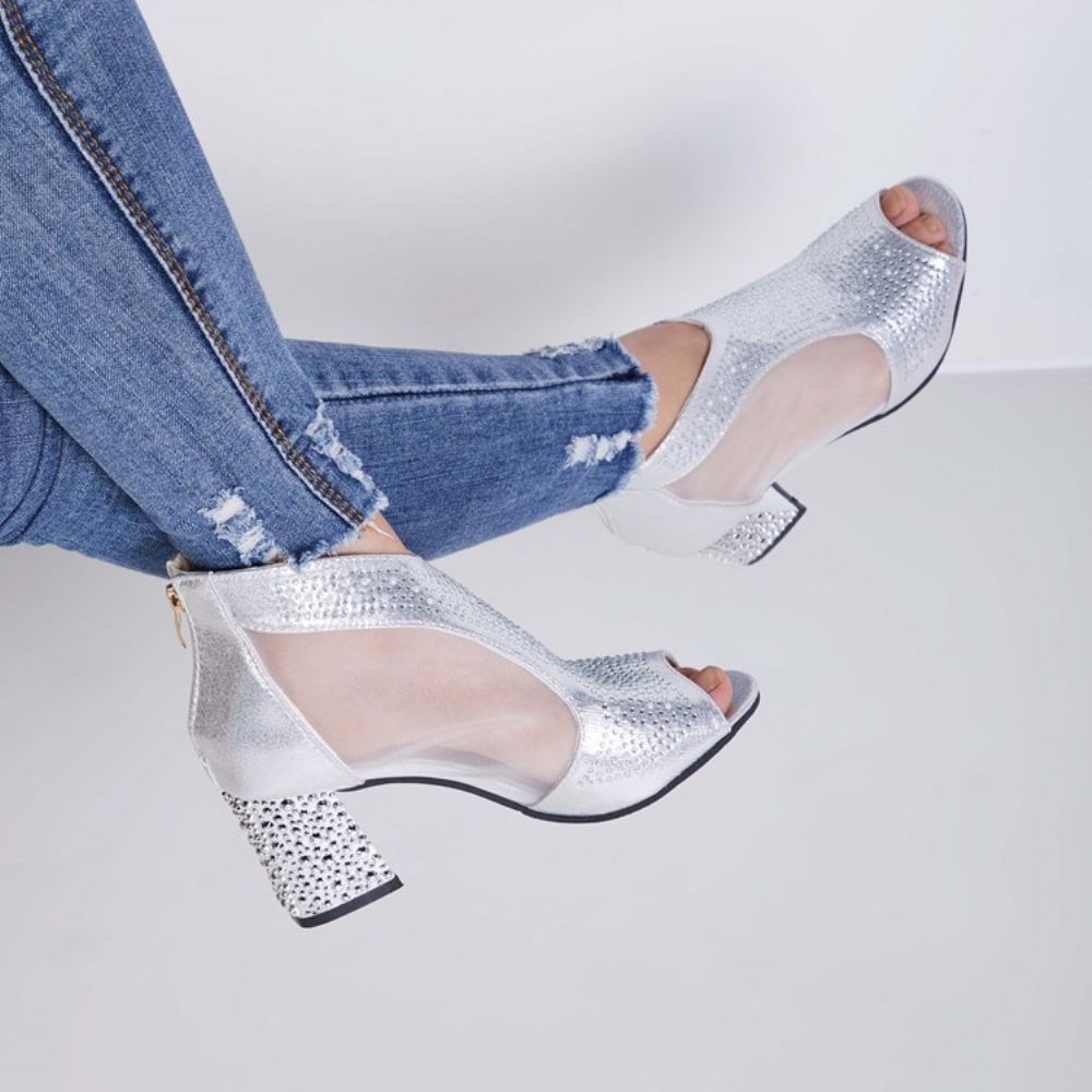 Duidelijke Strass Patchwork Effen Chunky Heel Schoenen