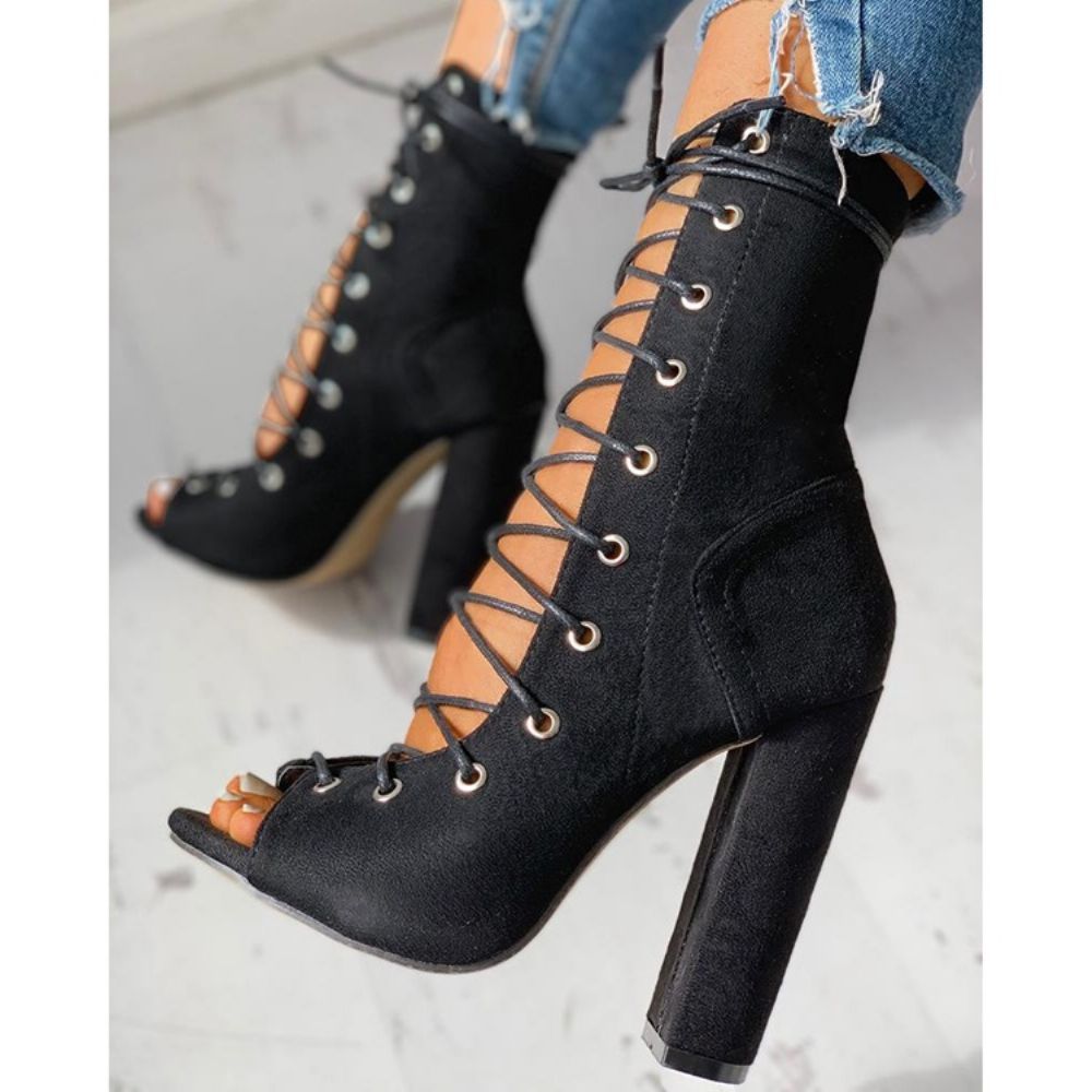 Peep Toe Chunky Heel Lace-Up Holle Sandalen