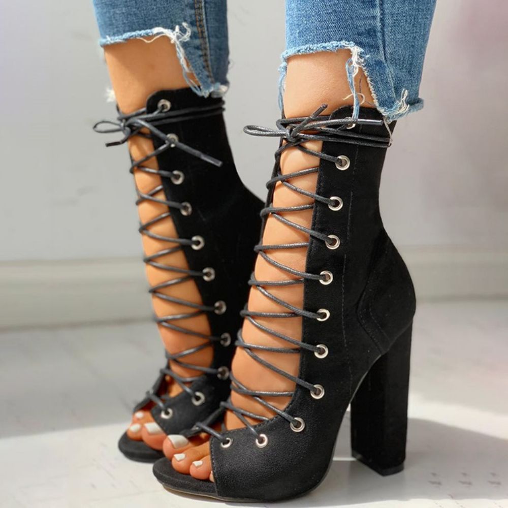 Peep Toe Chunky Heel Lace-Up Holle Sandalen