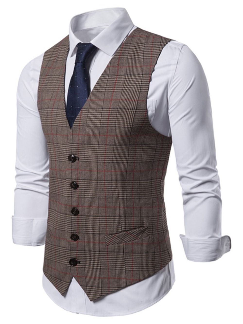 Geruite V-Hals Single-Breasted Casual Herenvest