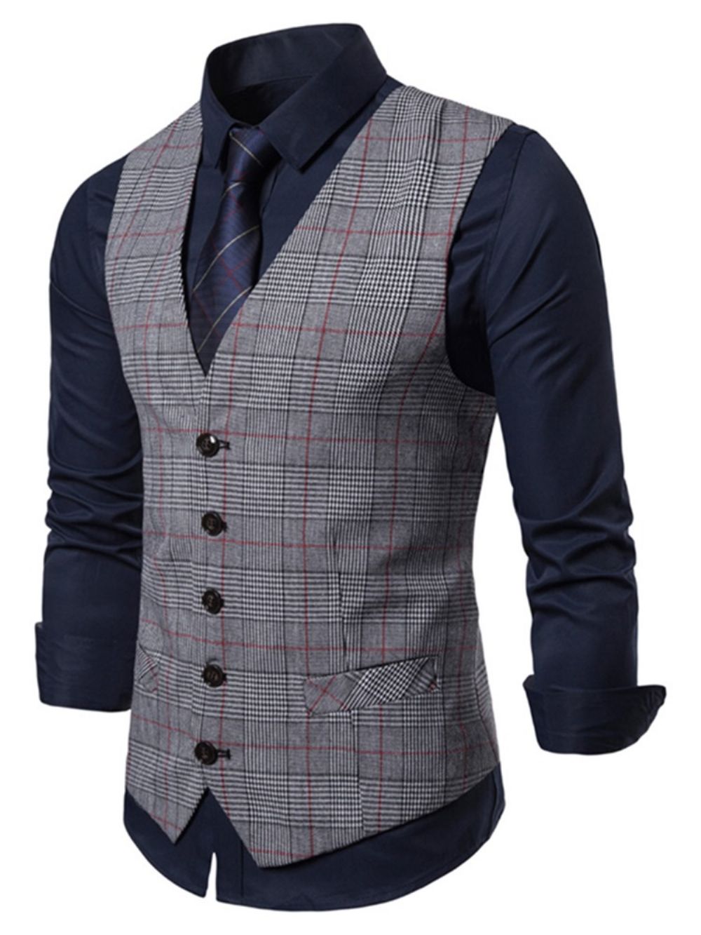 Geruite V-Hals Single-Breasted Casual Herenvest